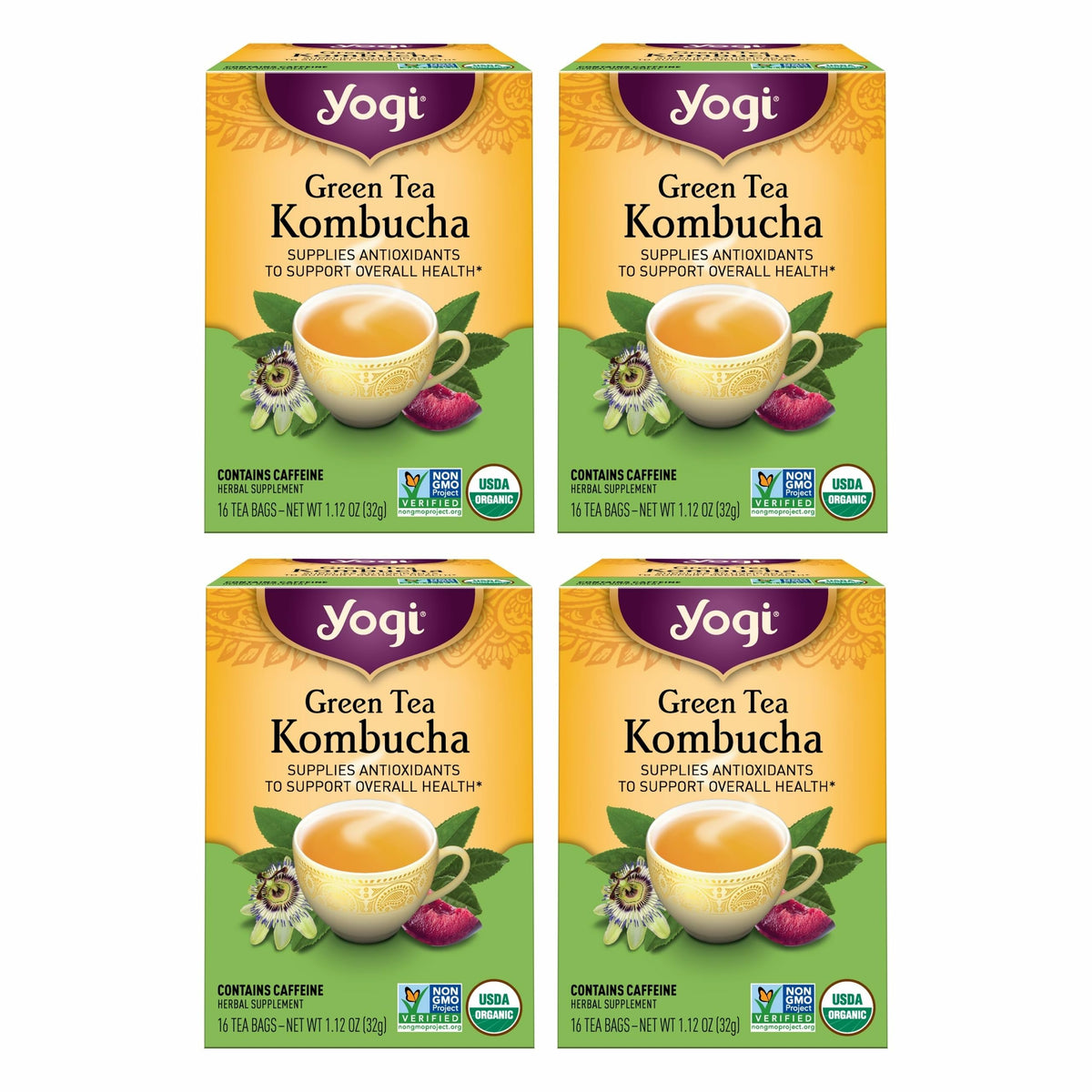 Yogi Green Kombucha Tea packaging front shows organic blend and brand quality