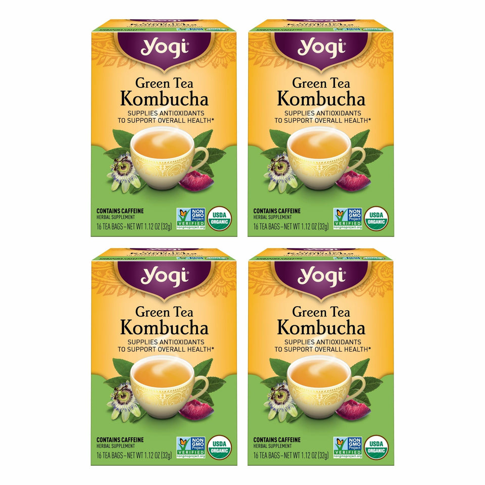 Yogi Green Kombucha Tea packaging front shows organic blend and brand quality