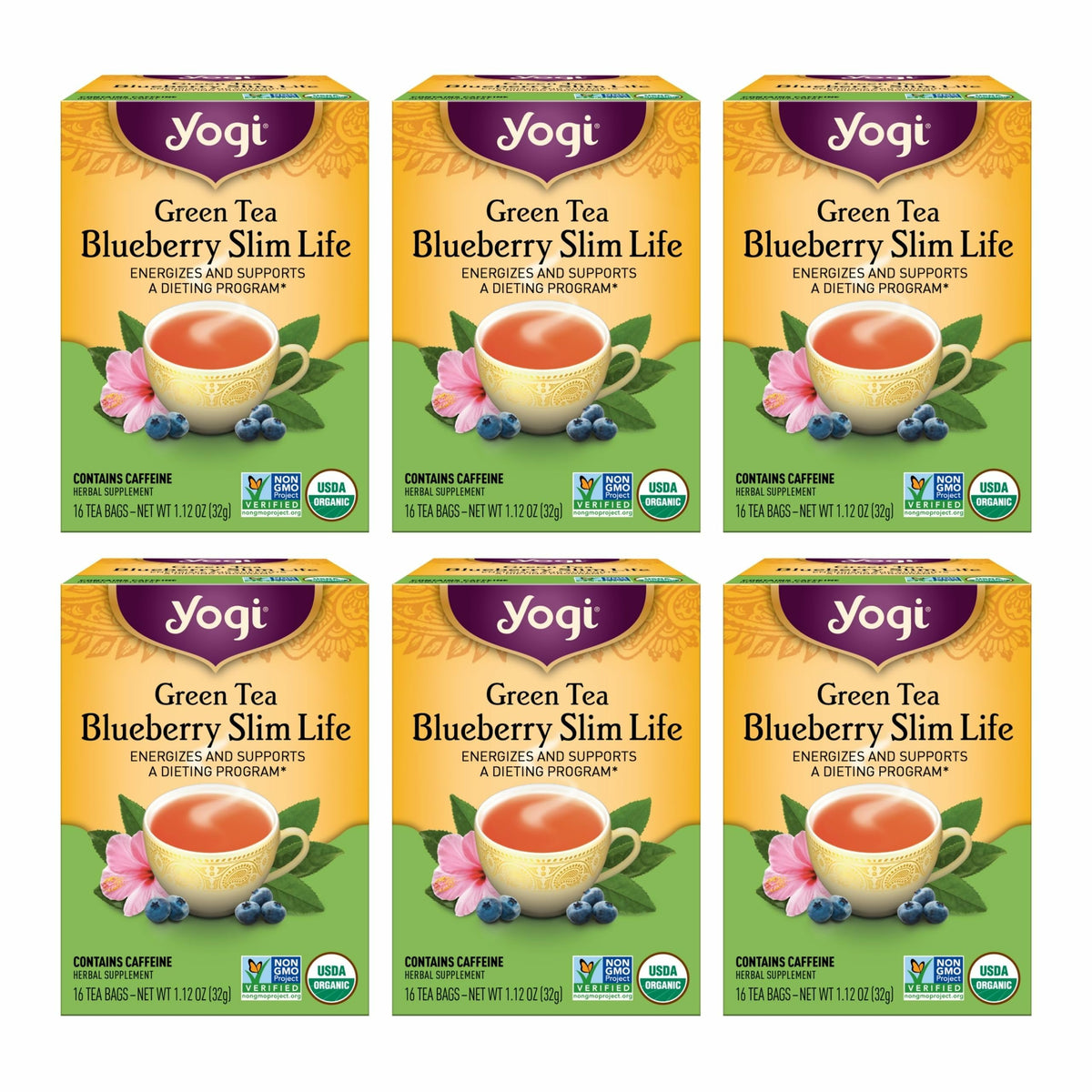 Yogi Green Tea Blueberry Slim Life bottle displays an energy-supporting organic blend