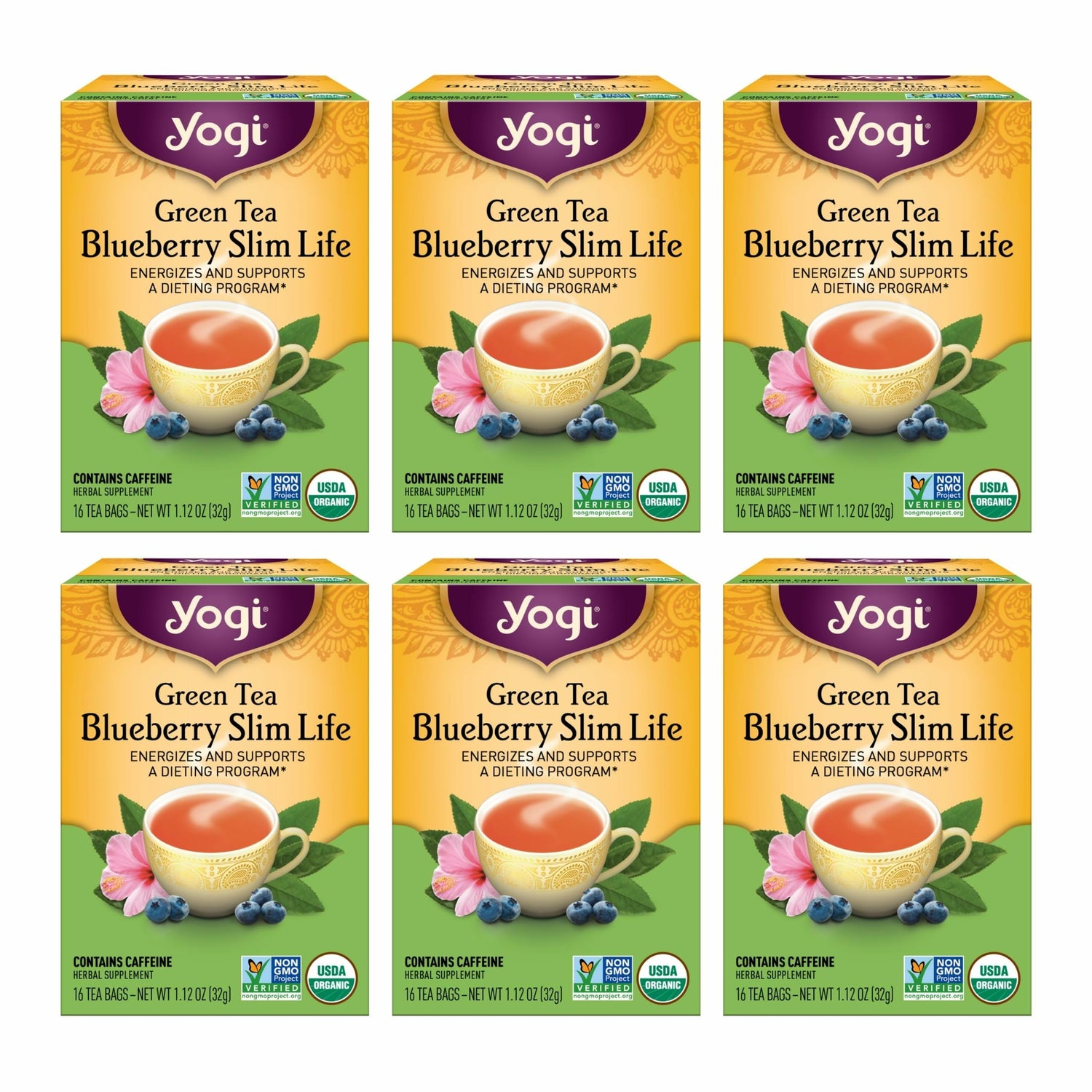 Yogi Green Tea Blueberry Slim Life bottle displays an energy-supporting organic blend
