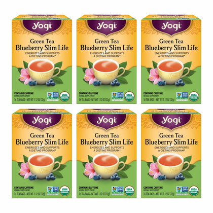 Yogi Green Tea Blueberry Slim Life bottle displays an energy-supporting organic blend