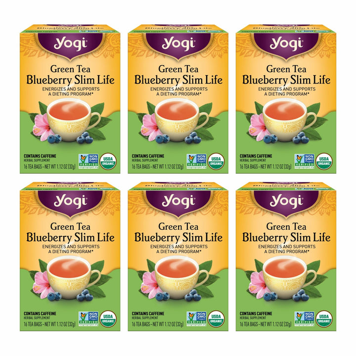 Yogi Green Tea Blueberry Slim Life bottle displays an energy-supporting organic blend