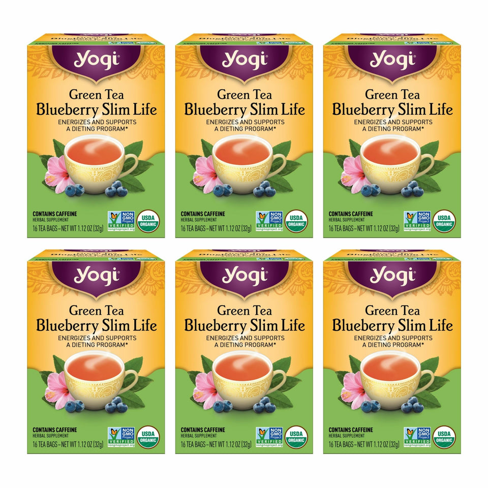 Yogi Green Tea Blueberry Slim Life bottle displays an energy-supporting organic blend