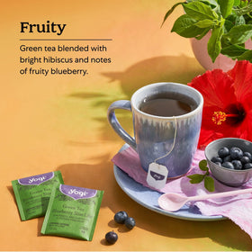 Yogi Green Tea Blueberry Slim Life steaming cup with fresh aroma
