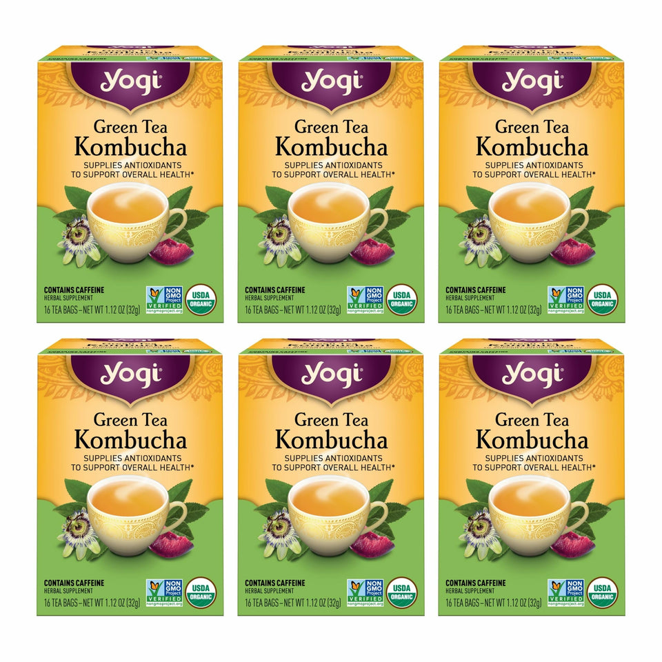 Yogi Green Tea Kombucha tea bags ready for an antioxidant-rich cup