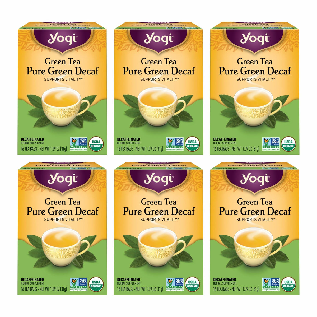 Yogi Green Tea Pure Green Decaf tea bags ready to brew with gentle caffeine