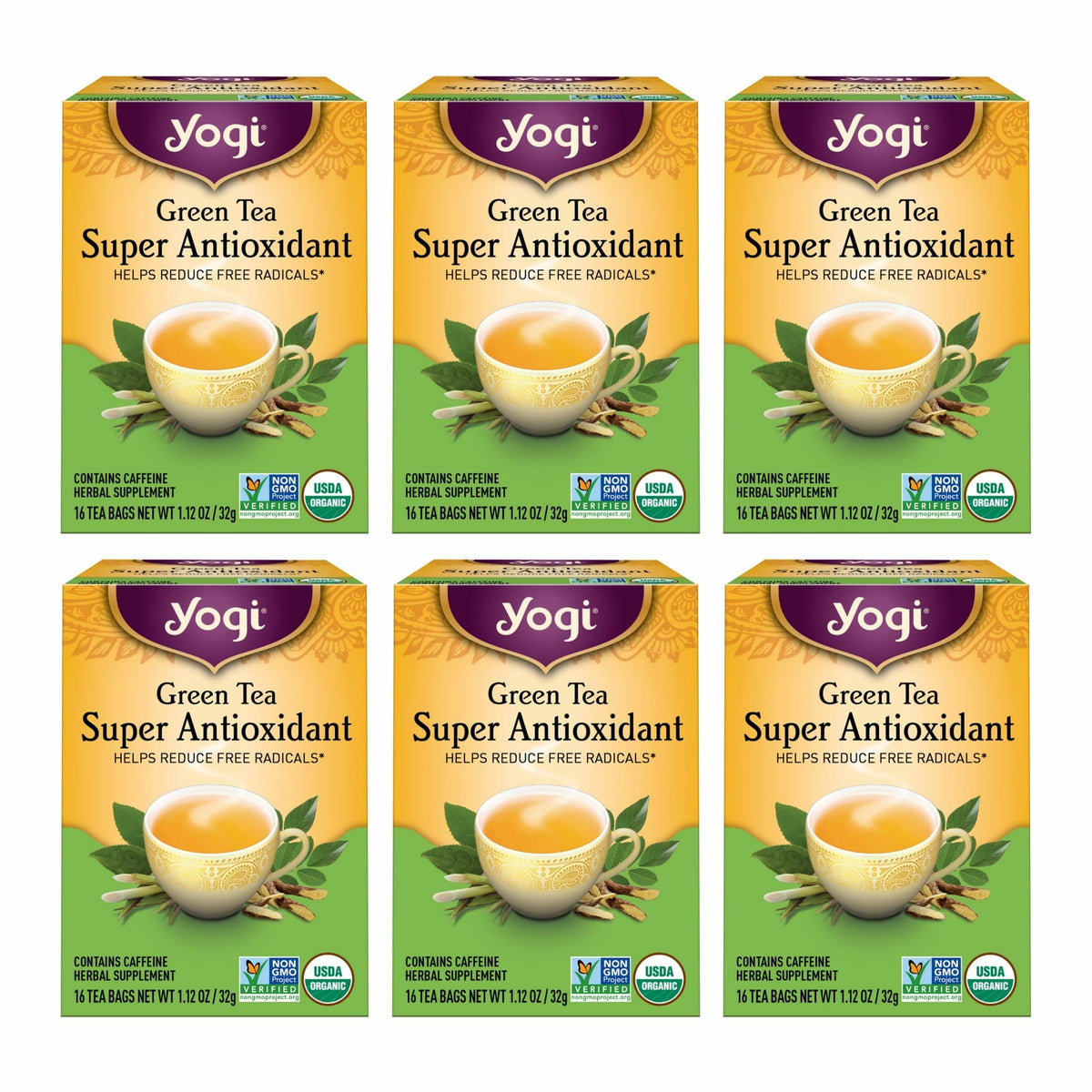 Yogi Green Tea Super Antioxidant pack front view highlighting organic blend for daily wellness