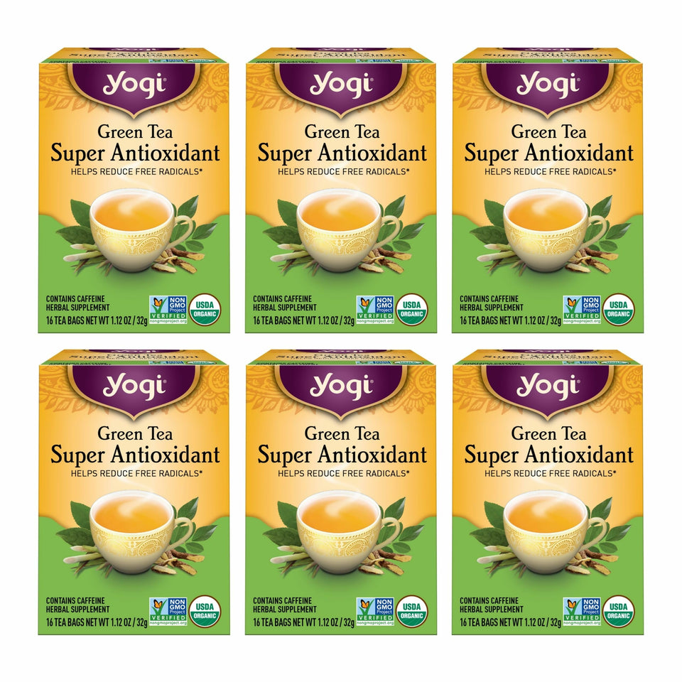 Yogi Green Tea Super Antioxidant pack front view highlighting organic blend for daily wellness