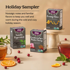 Yogi Holiday Tea Bags in Cup setup capture cozy moments at home.