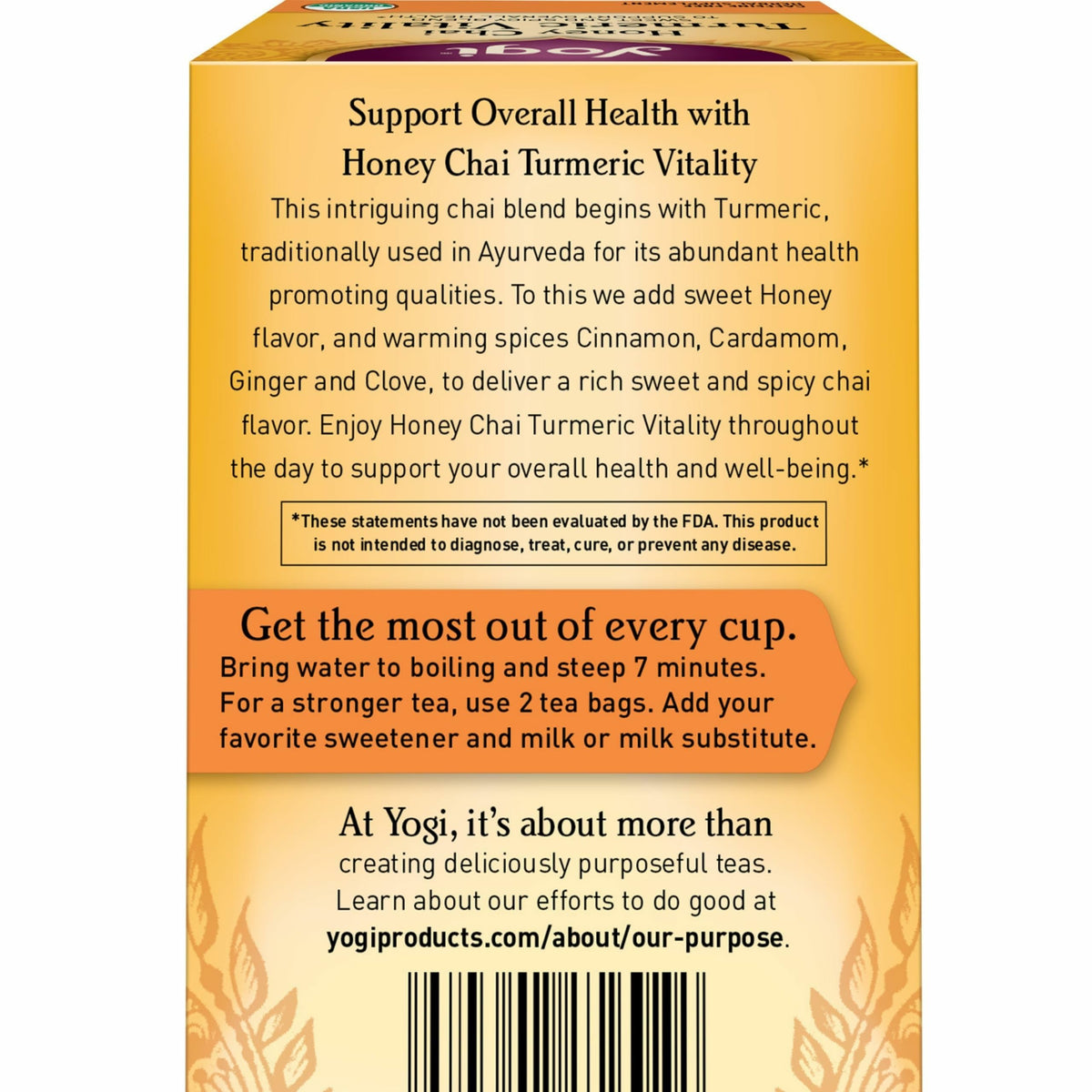 Yogi Honey Chai Turmeric Vitality Tea pack back with ingredients highlighted