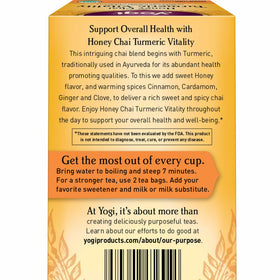 Yogi Honey Chai Turmeric Vitality Tea pack back with ingredients highlighted