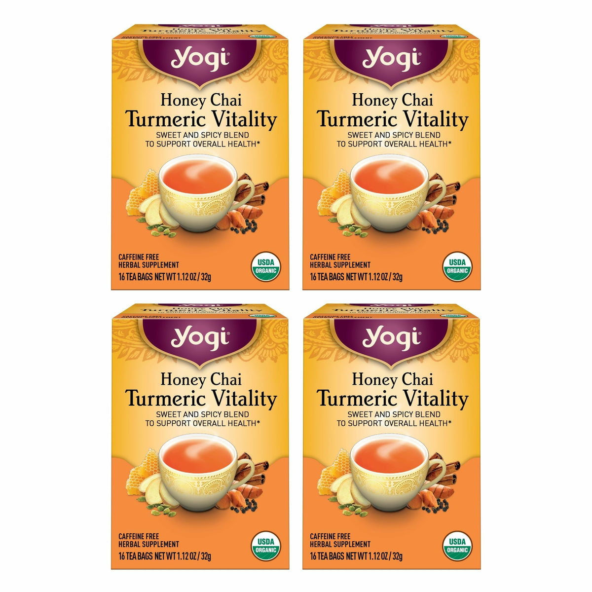 Yogi Honey Chai Turmeric Vitality Tea pack front, inviting daily wellness rituals