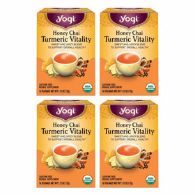 Yogi Honey Chai Turmeric Vitality Tea pack front, inviting daily wellness rituals