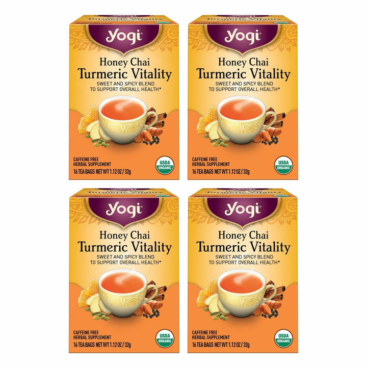Yogi Honey Chai Turmeric Vitality Tea pack front, inviting daily wellness rituals