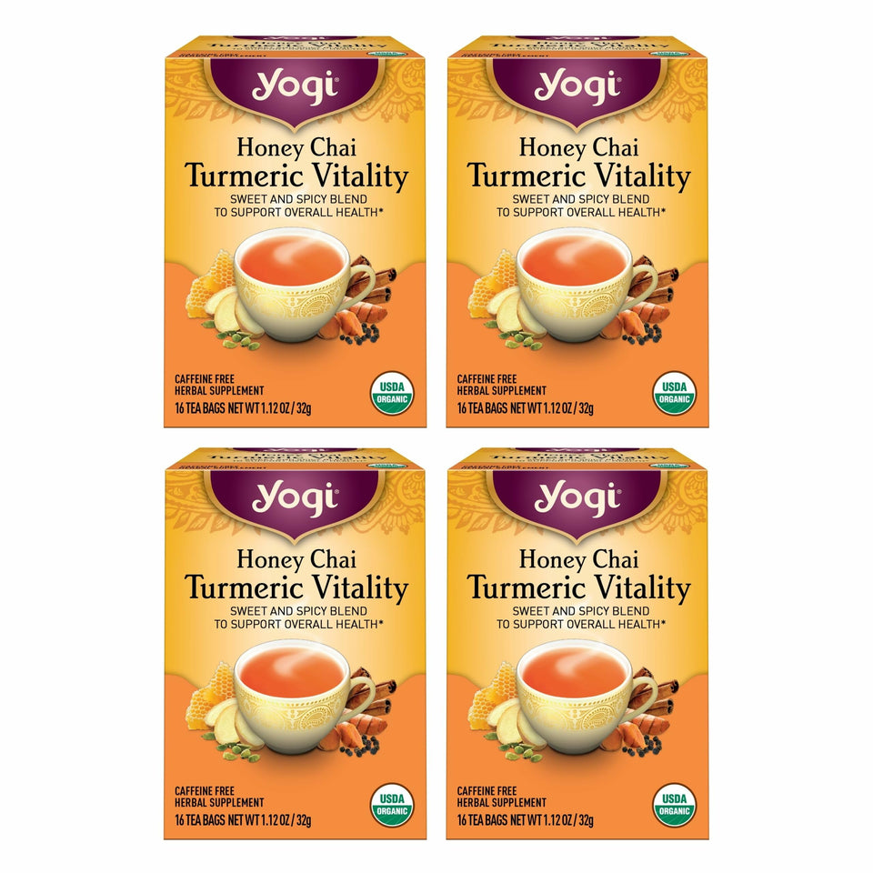 Yogi Honey Chai Turmeric Vitality Tea pack front, inviting daily wellness rituals