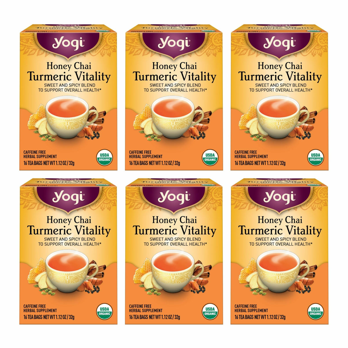 Yogi Honey Chai Turmeric Vitality Tea pack showing vibrant ingredients for daily warmth.