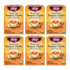 Yogi Honey Chai Turmeric Vitality Tea pack showing vibrant ingredients for daily warmth.