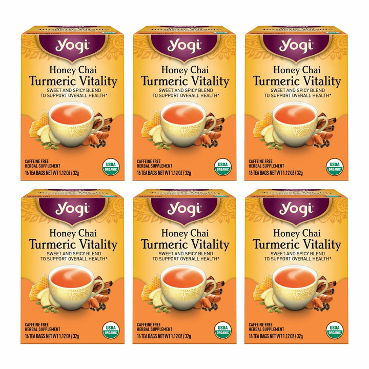 Yogi Honey Chai Turmeric Vitality Tea pack showing vibrant ingredients for daily warmth.