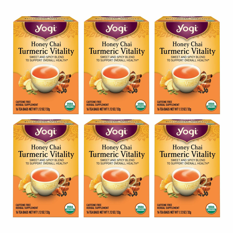Yogi Honey Chai Turmeric Vitality Tea pack showing vibrant ingredients for daily warmth.