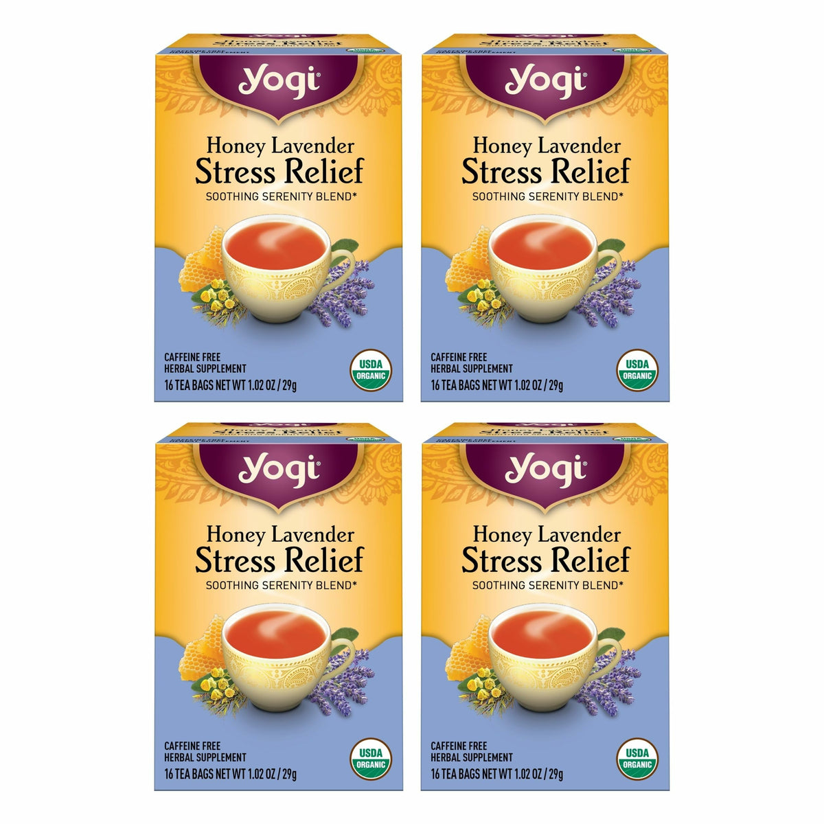 Yogi Honey Lavender Stress Relief tea cup promotes calm after a long day