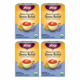 Yogi Honey Lavender Stress Relief tea cup promotes calm after a long day