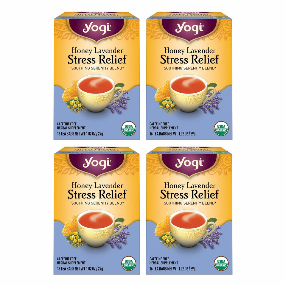 Yogi Honey Lavender Stress Relief tea cup promotes calm after a long day