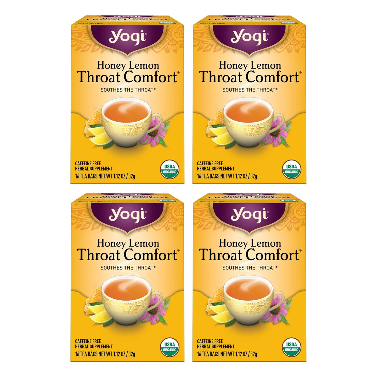Yogi Honey Lemon Throat Comfort packaging highlights an organic blend for soothing moments