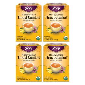 Yogi Honey Lemon Throat Comfort packaging highlights an organic blend for soothing moments