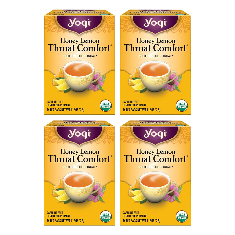 Yogi Honey Lemon Throat Comfort packaging highlights an organic blend for soothing moments