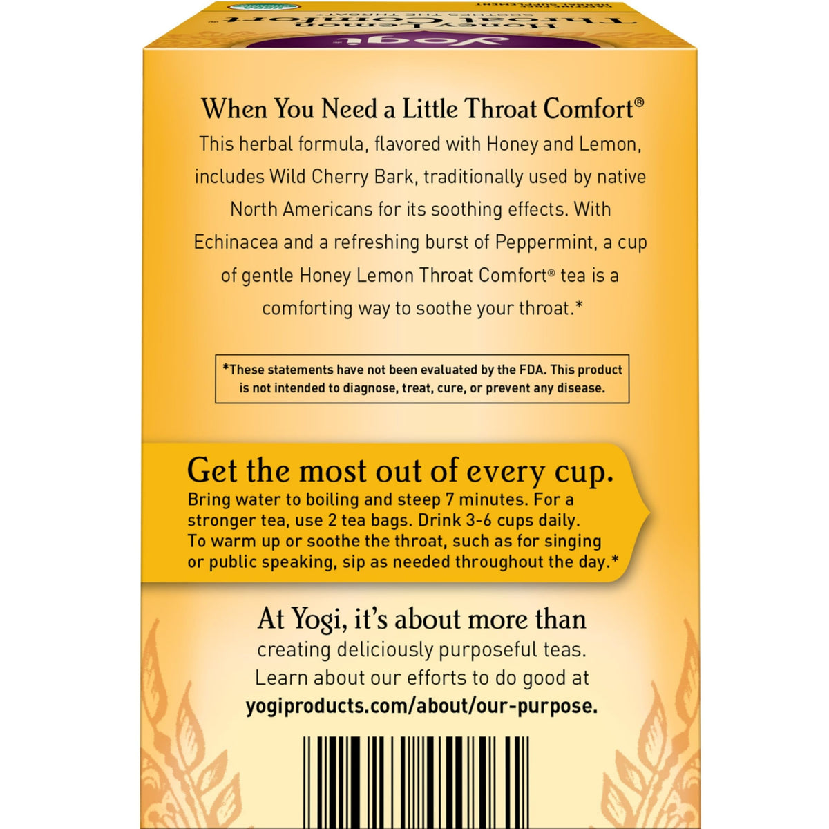 Six pack box of Yogi Honey Lemon Throat Comfort for convenient daily use