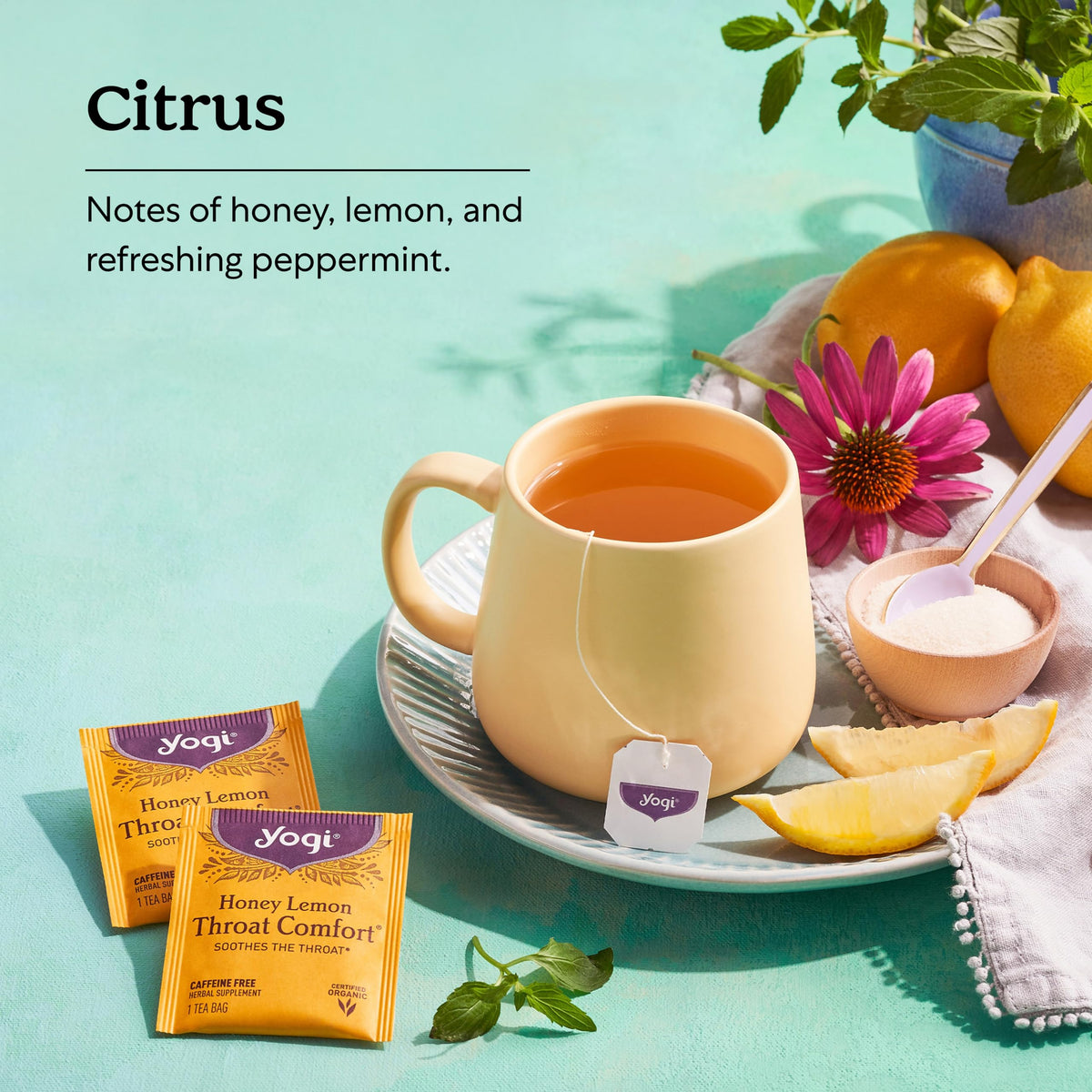 Steeped Yogi Honey Lemon Throat Comfort in a mug for warm comfort