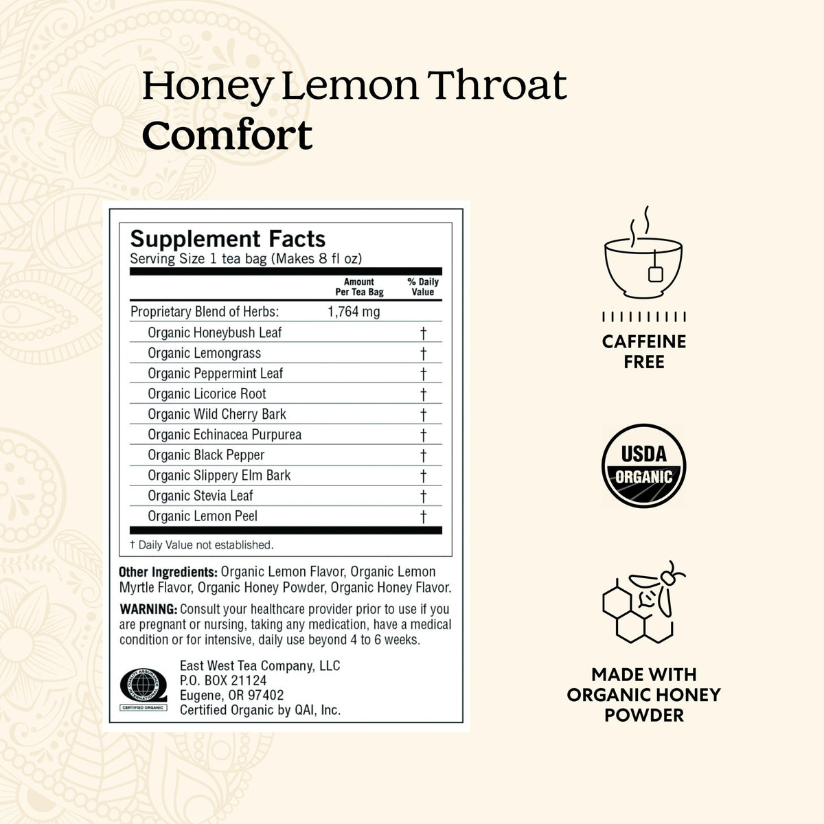 Close up of Yogi Honey Lemon Throat Comfort tea bags showing organic blend