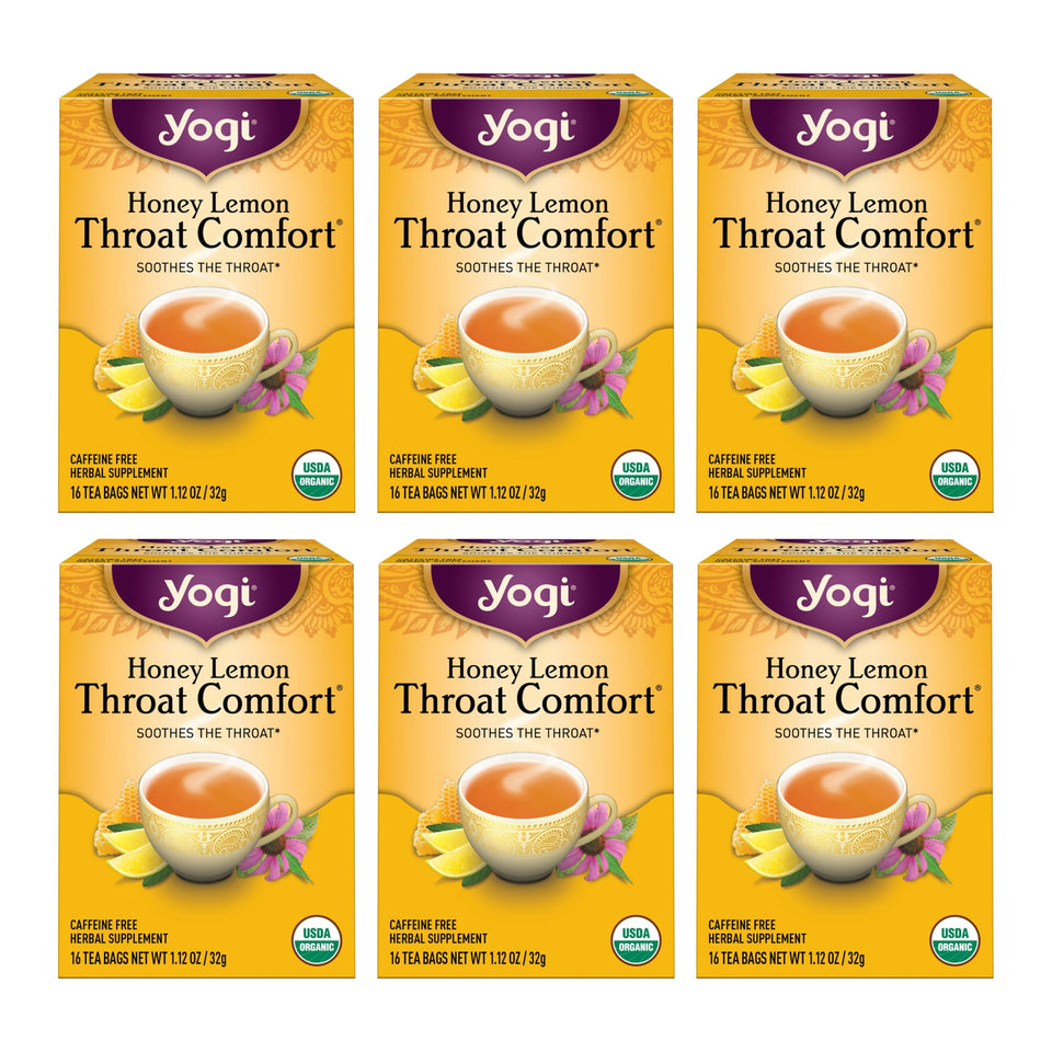 Yogi Honey Lemon Throat Comfort tea cup with soothing aroma and flavor