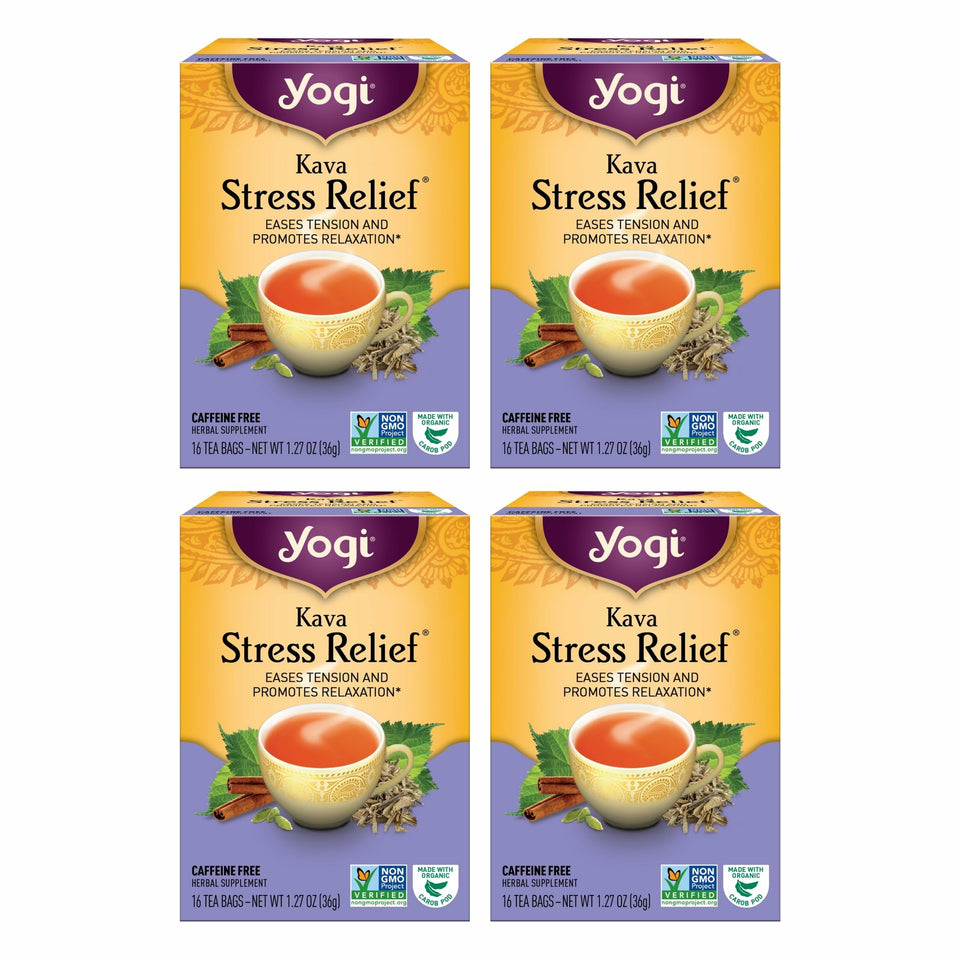 Yogi Kava Stress Relief Tea box front inviting aroma for evening calm.