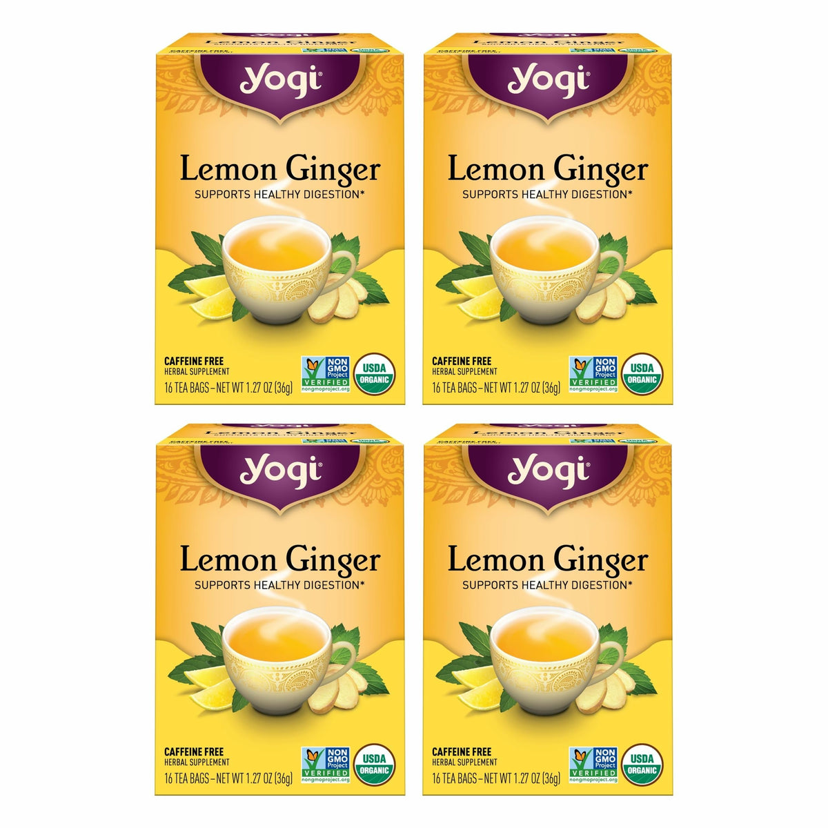 Yogi Lemon Ginger tea bag close-up showing vibrant blend and aroma.