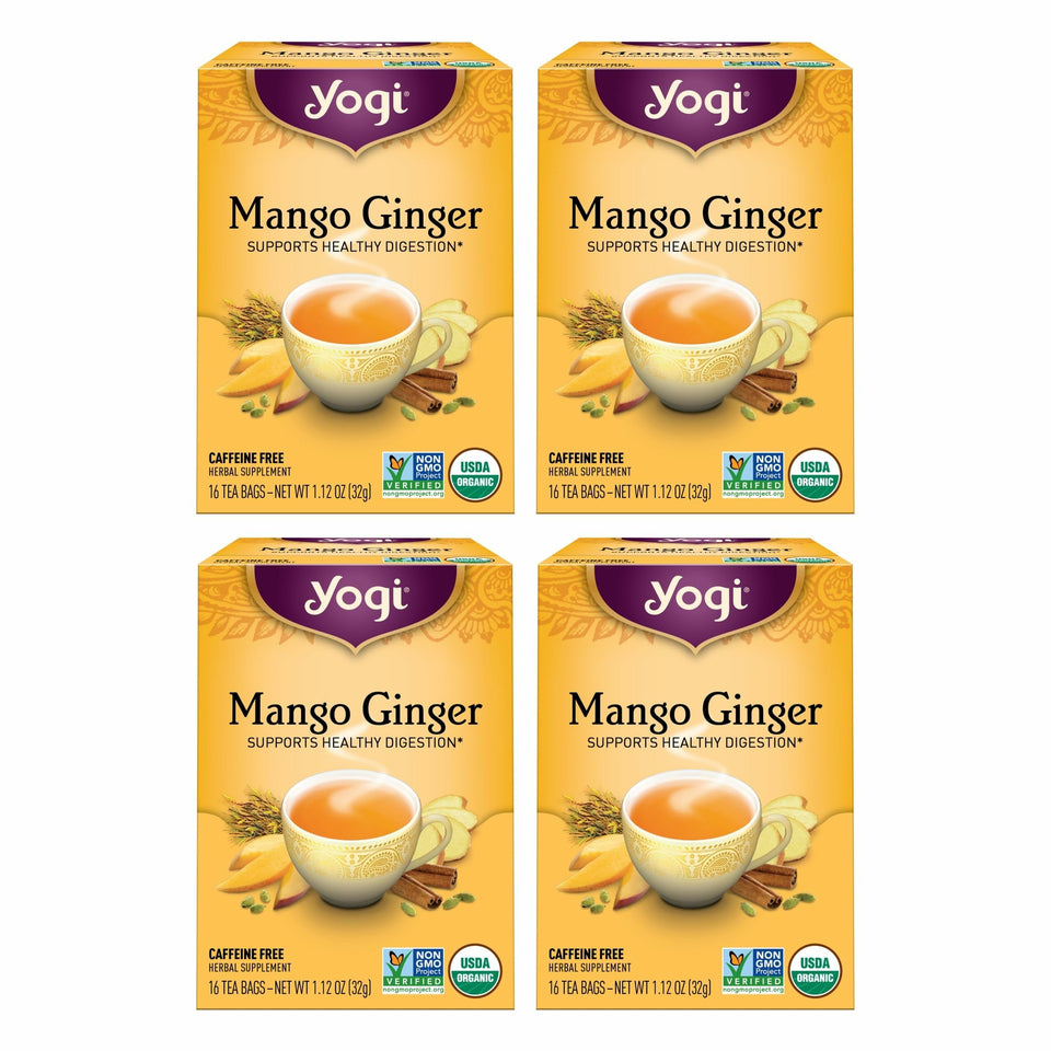Yogi Mango Ginger tea bags ready for a gentle digestion-friendly cup