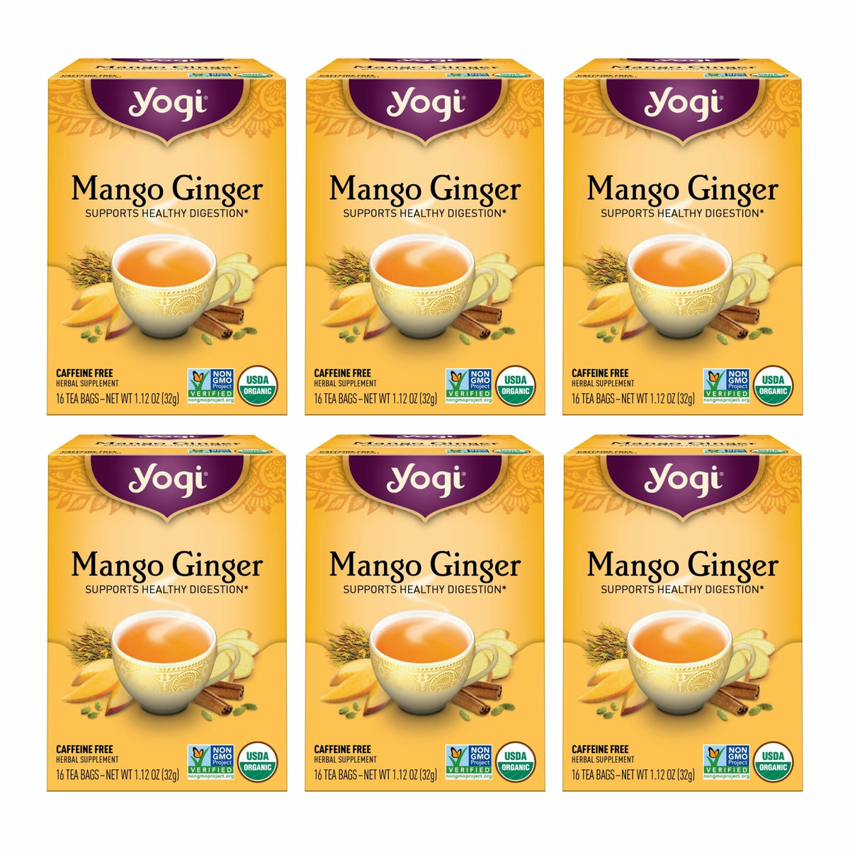 Yogi Mango Ginger tea bag with mango and spices ready to steep