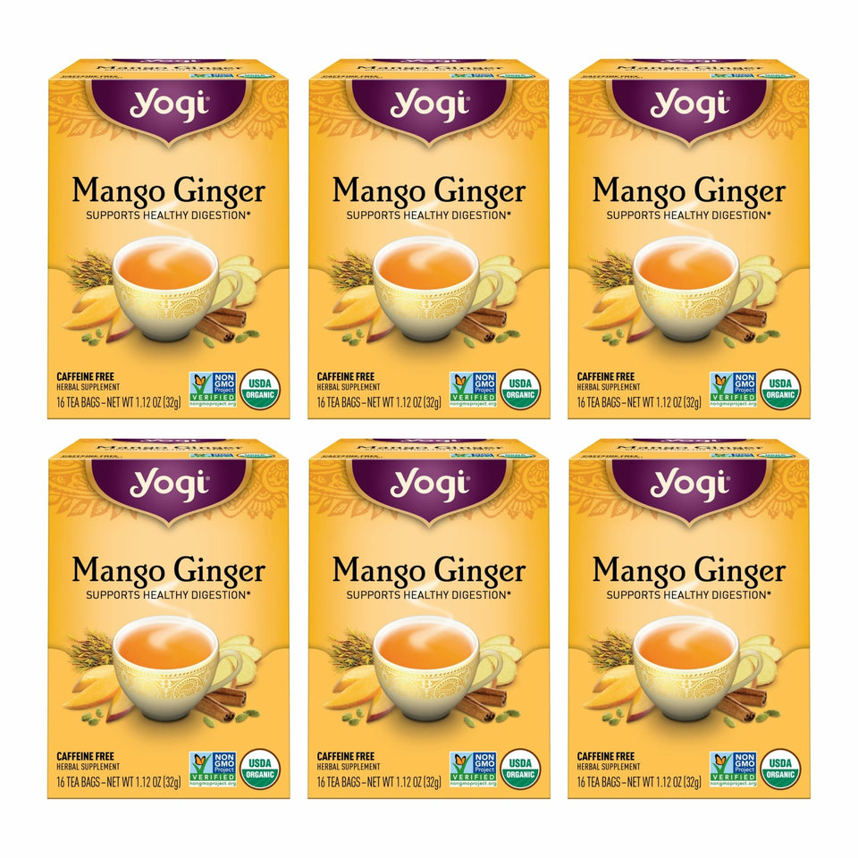 Yogi Mango Ginger tea bag with mango and spices ready to steep