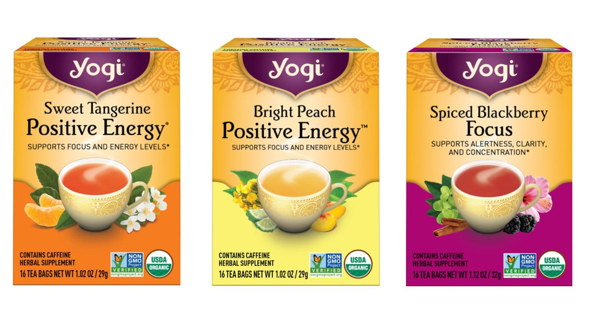 Yogi Morning Energy Peach Bergamot Bright Day tea boosts morning energy with citrus aroma.