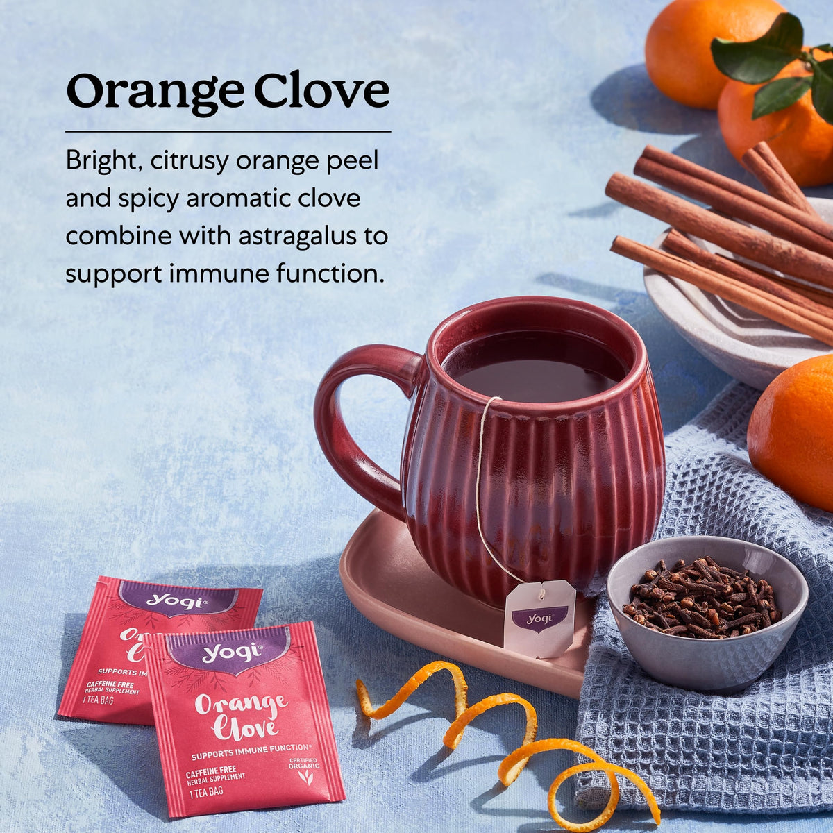 Yogi Orange Clove brewed tea cup, inviting comforting holiday moments.