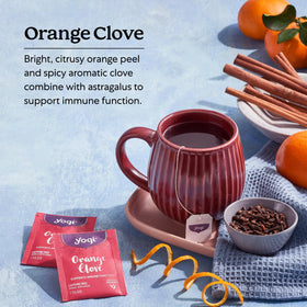 Yogi Orange Clove brewed tea cup, inviting comforting holiday moments.