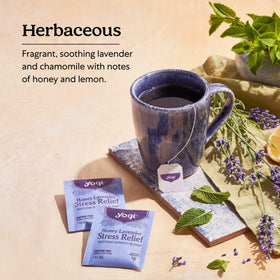 Yogi Organic Chamomile Lavender Tea bags emphasize herbal relaxation
