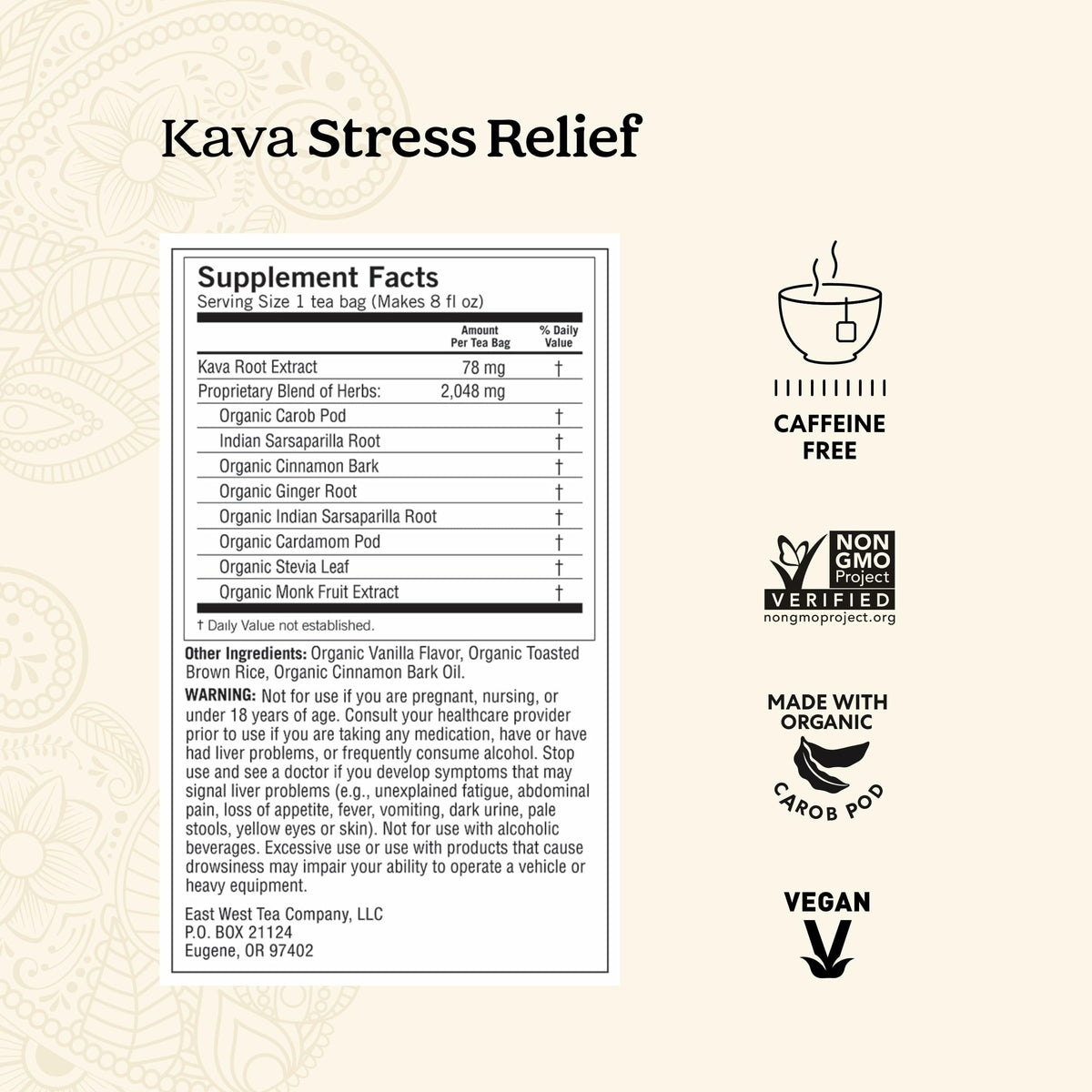 Yogi Organic Tea Bags label highlighting vegan and non-GMO ingredients