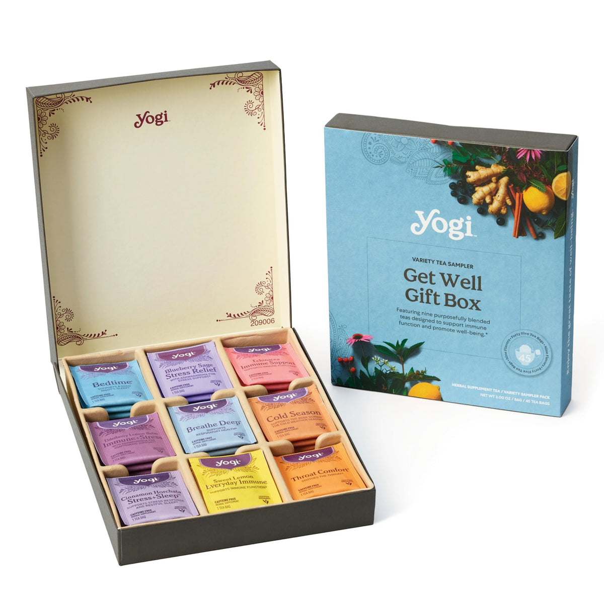 Yogi Organic Tea Sampler gift box opened, nine flavors for a cozy wellness ritual.