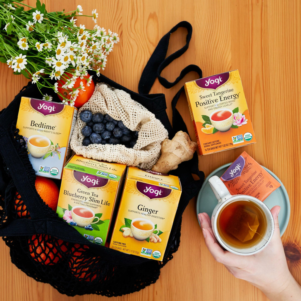 Yogi Organic vegan non-GMO tea bags showing pure ingredients