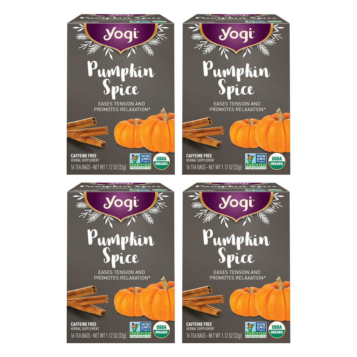 Yogi Pumpkin Spice tea bags pack on a festive table for holiday evenings