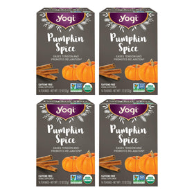 Yogi Pumpkin Spice tea bags pack on a festive table for holiday evenings