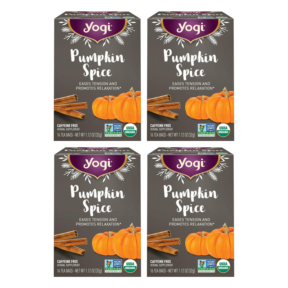 Yogi Pumpkin Spice tea bags pack on a festive table for holiday evenings