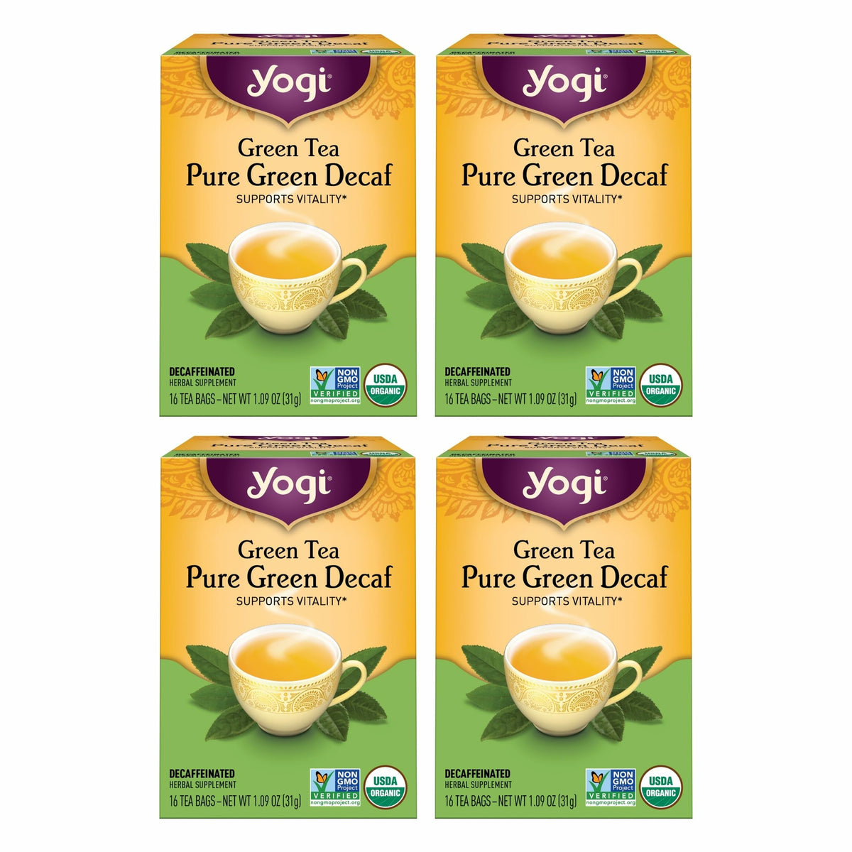 Yogi Pure Decaf Green Tea box packaging highlights organic and non-GMO ingredients.
