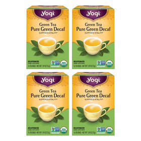 Yogi Pure Decaf Green Tea box packaging highlights organic and non-GMO ingredients.